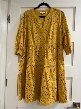 Chico's Mustard Yellow Eyelet Tiered Midi Dress